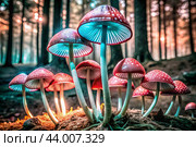 Poisonous mushrooms. Toadstools. Hallucinogenic mushrooms. Glowing mushrooms. An image to illustrate themes related to nature, fantasy, fairy tales and magic. Стоковое AI-изображение, AI-художник Photojuli / Фотобанк Лори