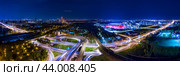 Night Aerial view panorama of a freeway intersection traffic trails in night Moscow. Стоковое фото, фотограф Андрей Армягов / Фотобанк Лори