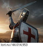 A crusader knight during a battle. Стоковое AI-изображение, AI-художник RamA / Фотобанк Лори