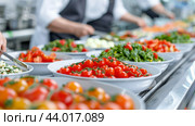 Fresh Vegetables Prepared in a Busy Kitchen During Daytime. Стоковое AI-изображение, AI-художник Юлия Гапеенко / Фотобанк Лори