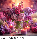 Beautiful bouquet of lilacs with candles on a wooden surface, warm lighting. Стоковое AI-изображение, AI-художник Алексей Сабадырь / Фотобанк Лори
