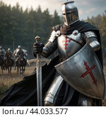 A crusader knight in a cloak and armor. Стоковое AI-изображение, AI-художник RamA / Фотобанк Лори
