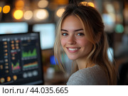 Улыбающаяся красивая девушка работает за компьютером в офисе. Стоковое AI-изображение, AI-художник Щеголева Ольга / Фотобанк Лори