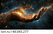 A cosmic hand reaching through the universe filled with stars and nebulas. Стоковое AI-изображение, AI-художник Сергей Толмачёв / Фотобанк Лори