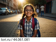 Portrait of a happy indian schoolgirl child with glasses On the street of the city in the sunlight. Back to school, correction of pupil eyesight. AI generated. Стоковое AI-изображение, AI-художник Ольга Симонова / Фотобанк Лори