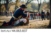 A historical reenactor in period clothing taking aim with a musket in an outdoor setting, with other reenactors blurred in the background. Стоковое AI-изображение, AI-художник Tatiana Syrtseva / Фотобанк Лори