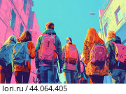 Подростки, идущие в школу или студенты идут в университет. Вид снизу, сзади на разноцветные рбкзаки. Стиль ризографии. Сверху - место для текста. Снова в школу, учиться, образование. 1 сентября. Стоковое AI-изображение, AI-художник Юлия Ильина / Фотобанк Лори