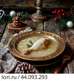 Вкусный куриный супчик, зимний натюрморт. Стоковое AI-изображение, AI-художник Щеголева Ольга / Фотобанк Лори
