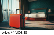 A red suitcase sitting on the floor in a hotel room, AI. Стоковое AI-изображение, AI-художник Сергей Старуш / Фотобанк Лори