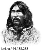 American peoples. Portrait of Eskimo from Labrador. Eskimo is an to two closely related Indigenous peoples: Inuit and Yupik. Publication of the "Meyers encyclopedia", Vol. 7, Leipzig, Germany, 1910. Стоковая иллюстрация, иллюстратор Sergey Kohl / Фотобанк Лори