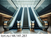 Symmetric modern escalators in commercial building. Стоковое AI-изображение, AI-художник Иван Рябоконь / Фотобанк Лори