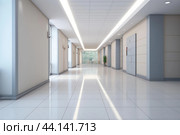 Modern hospital corridor with bright lighting. Стоковое AI-изображение, AI-художник Иван Рябоконь / Фотобанк Лори