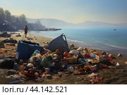 Solitude amidst pollution: person walking by littered beach landscape. Стоковое AI-изображение, AI-художник Иван Рябоконь / Фотобанк Лори