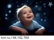 Wonderstruck Smiling baby looking to starry sky. Generate ai. Стоковое AI-изображение, AI-художник Иван Рябоконь / Фотобанк Лори