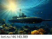 Submarine in underwater sun. Generate Ai. Стоковое AI-изображение, AI-художник Иван Рябоконь / Фотобанк Лори