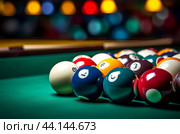 Smooth Many colorful billiard balls and cue. Generate Ai. Стоковое AI-изображение, AI-художник Иван Рябоконь / Фотобанк Лори