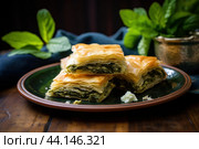 Nutritious Spanakopita greek pastry. Generate Ai. Стоковое AI-изображение, AI-художник Иван Рябоконь / Фотобанк Лори
