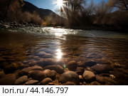 Tranquil river scenery with sunflare. Стоковое AI-изображение, AI-художник Иван Рябоконь / Фотобанк Лори