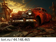 Post-apocalyptic vehicle overrun by vines at sunset. Стоковое AI-изображение, AI-художник Иван Рябоконь / Фотобанк Лори
