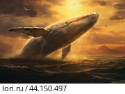 Majestic whale breaching at sunset. Стоковое AI-изображение, AI-художник Иван Рябоконь / Фотобанк Лори