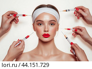 Biorevitalization. Beautiful woman getting beauty injections with hyaluronic acid for smoothing of face mimic wrinkles. Anti-aging procedure. Стоковое фото, фотограф Ирина Ручушкина / Фотобанк Лори