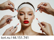 Biorevitalization. Beautiful woman getting beauty injections with hyaluronic acid for smoothing of face mimic wrinkles. Anti-aging procedure. Стоковое фото, фотограф Ирина Ручушкина / Фотобанк Лори