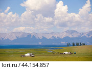 View to the Khuvsgul lake, yurts and mountains in Mongolia. Стоковое фото, фотограф Юрий Стройкин / Фотобанк Лори