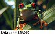 A close up of a frog with red eyes sitting on top of a leaf, AI. Стоковое AI-изображение, AI-художник Сергей Старуш / Фотобанк Лори