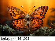 Majestic gulf fritillary butterfly at sunset. Стоковое AI-изображение, AI-художник Иван Рябоконь / Фотобанк Лори