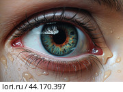 Close-up of human eye with teardrops. Стоковое AI-изображение, AI-художник Иван Рябоконь / Фотобанк Лори