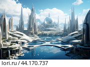 Futuristic cityscape with crystal towers and waterways. Стоковое AI-изображение, AI-художник Иван Рябоконь / Фотобанк Лори