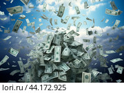 Cash windfall: money flying in blue sky. Стоковое AI-изображение, AI-художник Иван Рябоконь / Фотобанк Лори