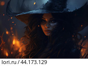 Mysterious witch in fiery sorcery scene. Стоковое AI-изображение, AI-художник Иван Рябоконь / Фотобанк Лори