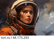 Female astronaut portrait in spacesuit helmet. Стоковое AI-изображение, AI-художник Иван Рябоконь / Фотобанк Лори