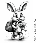 A cheerful hare goes to school. Educational children's coloring (black and white). White background, in the style of a coloring book, a drawing for children to color. Стоковое AI-изображение, AI-художник Сергей Елизарьев / Фотобанк Лори
