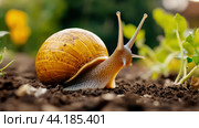 A snail is crawling on the ground in a garden, AI. Стоковое AI-изображение, AI-художник Сергей Старуш / Фотобанк Лори