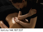Female masseur doing elbow medical backbone massage of lady patient close-up in dark medical office in shadow. Rehab back massage, healthy relax massaging. Wellness, health concept. Copy ad text space. Стоковое фото, фотограф Aleksandr Golubev / Фотобанк Лори