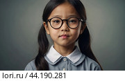 Portrait of a serious Asian kid schoolgirl with glasses on a solid gray background. Back to school, correction of pupil kid eyesight. AI generated. Стоковое AI-изображение, AI-художник Ольга Симонова / Фотобанк Лори