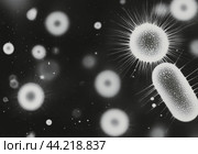 Magnified view of bacteria with flagella in a dark, scientific environment. Стоковое AI-изображение, AI-художник Юлия Гапеенко / Фотобанк Лори