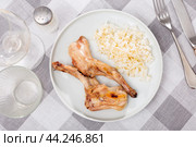 Lunch is served on plate - baked pieces of young rabbit with side dish boiled rice. Стоковое фото, фотограф Яков Филимонов / Фотобанк Лори