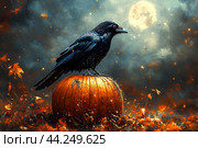 Черный ворон сидит на большой тыкве в лунную осеннюю ночь. Открытка к празднику Хэллоуин. Стоковое AI-изображение, AI-художник Щеголева Ольга / Фотобанк Лори
