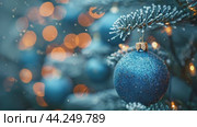 Christmas holiday blue background. Slow motion footage Christmas tree balls hanging At Fir Branch With Defocused Lights In The Night, copy space. congratulation card. Стоковое AI-видео, аниматор Ирина Михайличенко / Фотобанк Лори