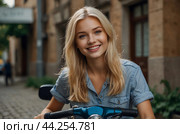 A beautiful girl rides a rented scooter around the city. Стоковое AI-изображение, AI-художник Александр Поташев / Фотобанк Лори