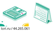 Desktop Paper Calendar and Isometric Floppy Disk. Стоковая иллюстрация, иллюстратор Игорь Сорокин / Фотобанк Лори