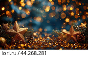 Gold flying stars confetti magic Christmas frame, premium sparkles stardust border background. Holiday party decor, Christmas stars background, flying gold sparkles confetti on white. Стоковое AI-изображение, AI-художник Ирина Михайличенко / Фотобанк Лори