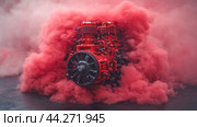 Powerful red v8 engine starting and making red smoke. Стоковое AI-изображение, AI-художник Юрий Поздников / Фотобанк Лори