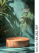 Elegant wooden display with a circular object and tropical leaf shadows in soft light. Стоковое AI-изображение, AI-художник Юлия Гапеенко / Фотобанк Лори