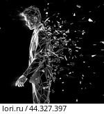Business career collapse concept. A young man in a suit is breaking into parts isolated on a black background. Low poly wireframe illustration. Work failure. Стоковое AI-изображение, AI-художник Александра Рублева / Фотобанк Лори