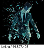 Business career collapse concept. A young man in a suit is breaking into parts isolated on a black background. Low poly wireframe illustration. Work failure. Стоковое AI-изображение, AI-художник Александра Рублева / Фотобанк Лори