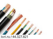 Various Electrical Wires With Exposed Copper Strands on White Background. Стоковое фото, фотограф Сергей Толмачёв / Фотобанк Лори